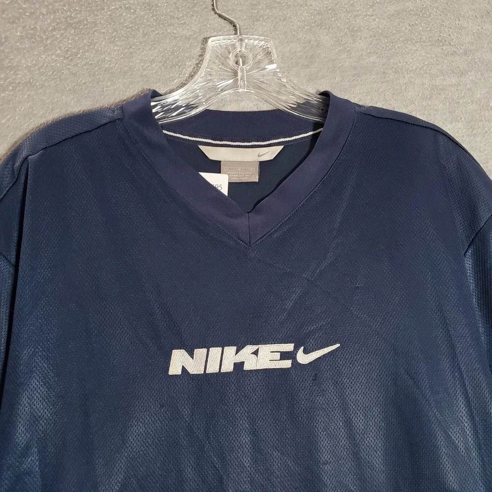 VINTAGE Nike Men Activewear Shirt Large Blue Jersey Center Logo V Neck Y2K READ